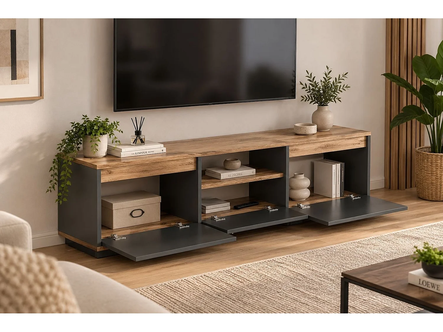 Meuble TV Morrigan, une Étagère, 160x30x42h cm Noir Anthracite, 3 Portes, 4 Compartiments