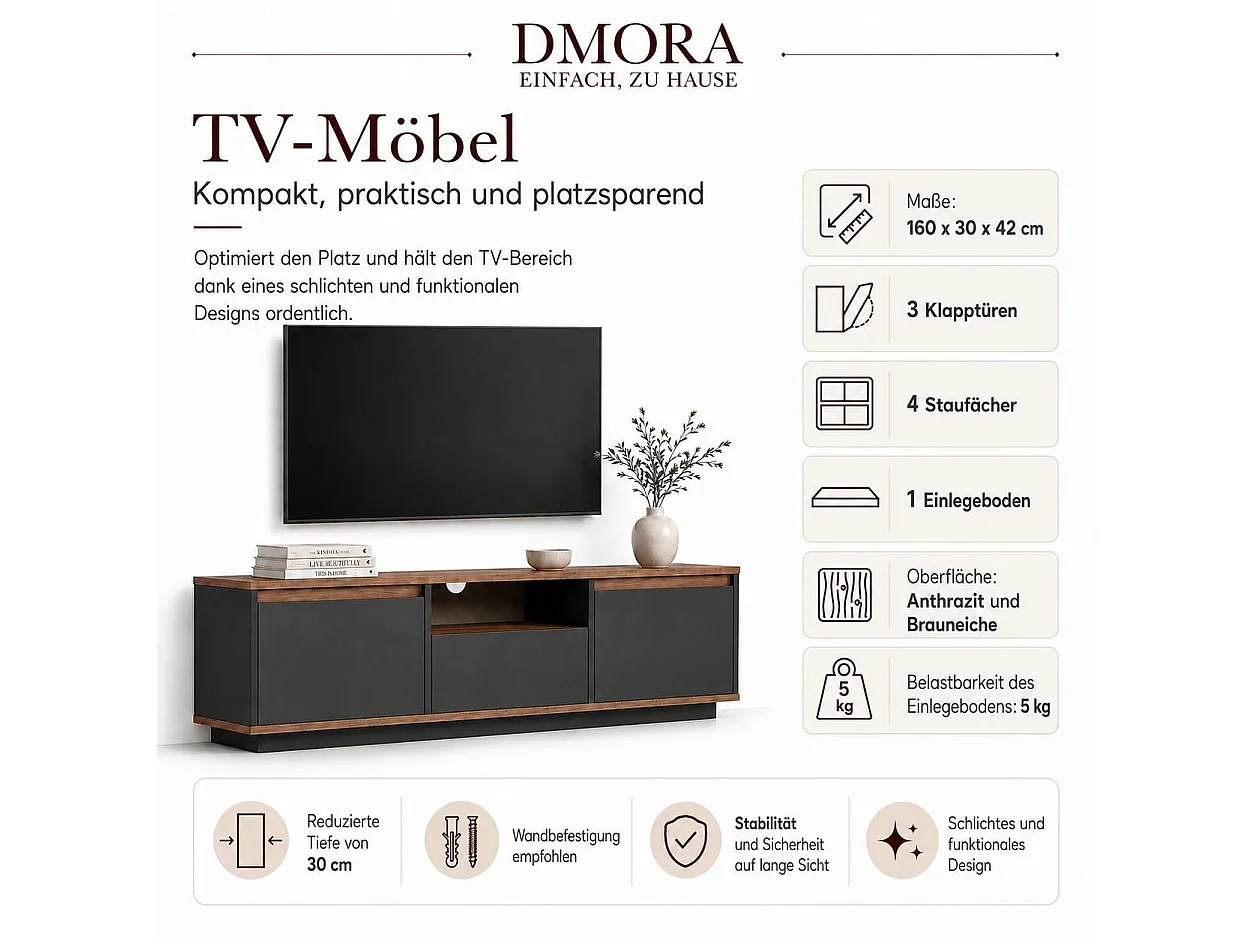 Meuble TV Morrigan, une Étagère, 160x30x42h cm Noir Anthracite, 3 Portes, 4 Compartiments