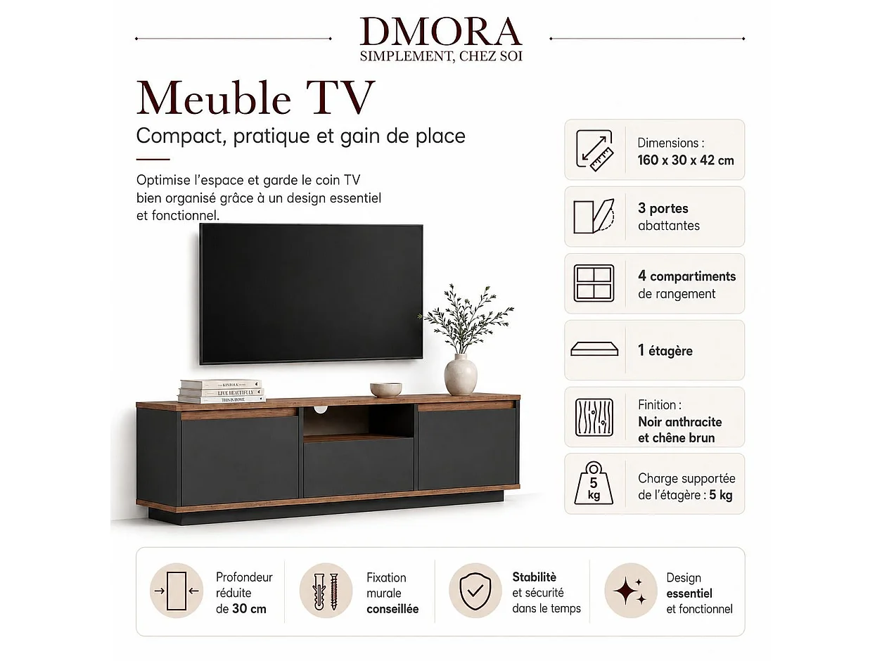 Meuble TV Morrigan, une Étagère, 160x30x42h cm Noir Anthracite, 3 Portes, 4 Compartiments