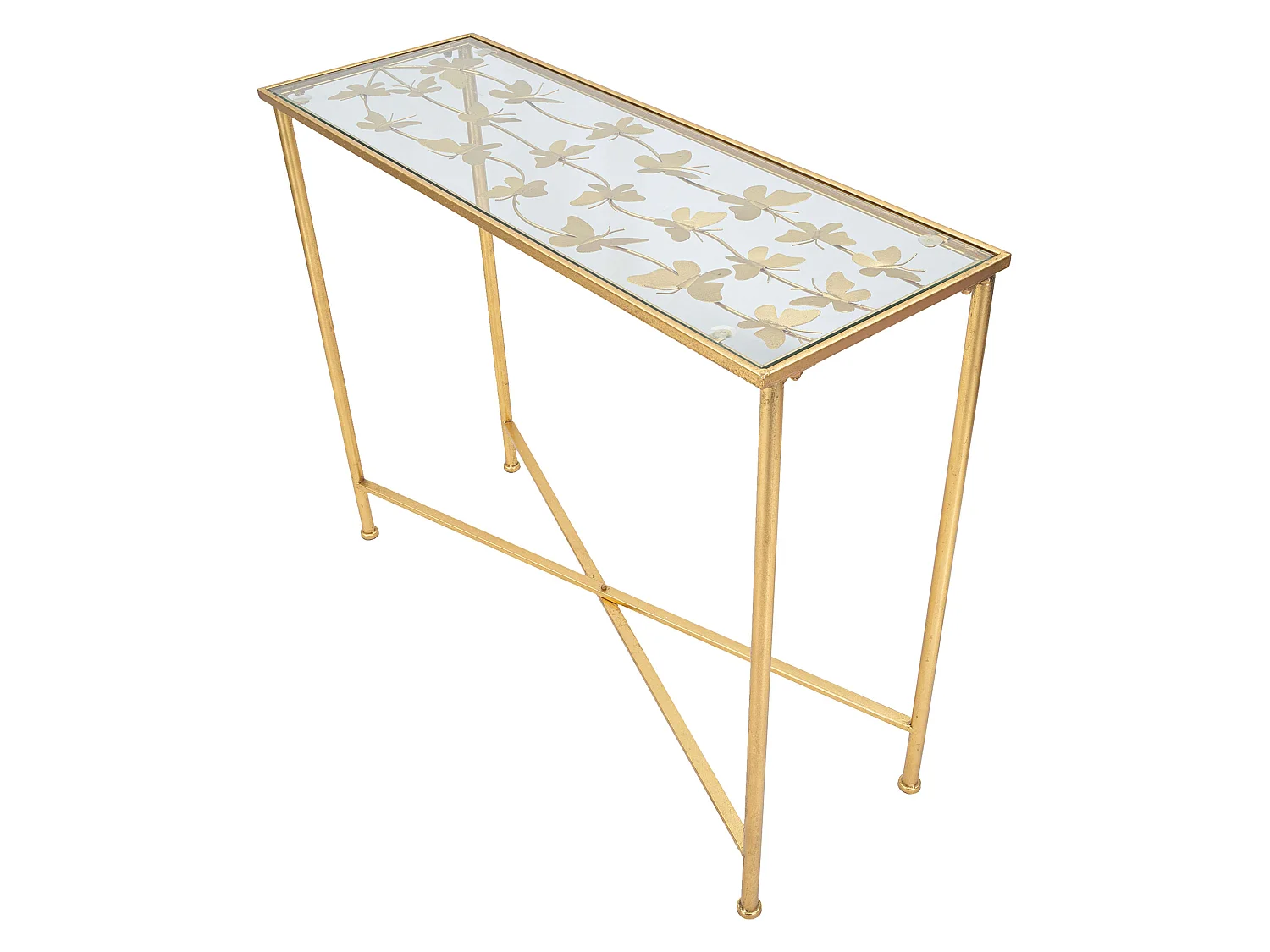 Console Meknes, un Plateau, 100x35x80h cm or, Plateau Décoré de Papillons, Structure en Verre