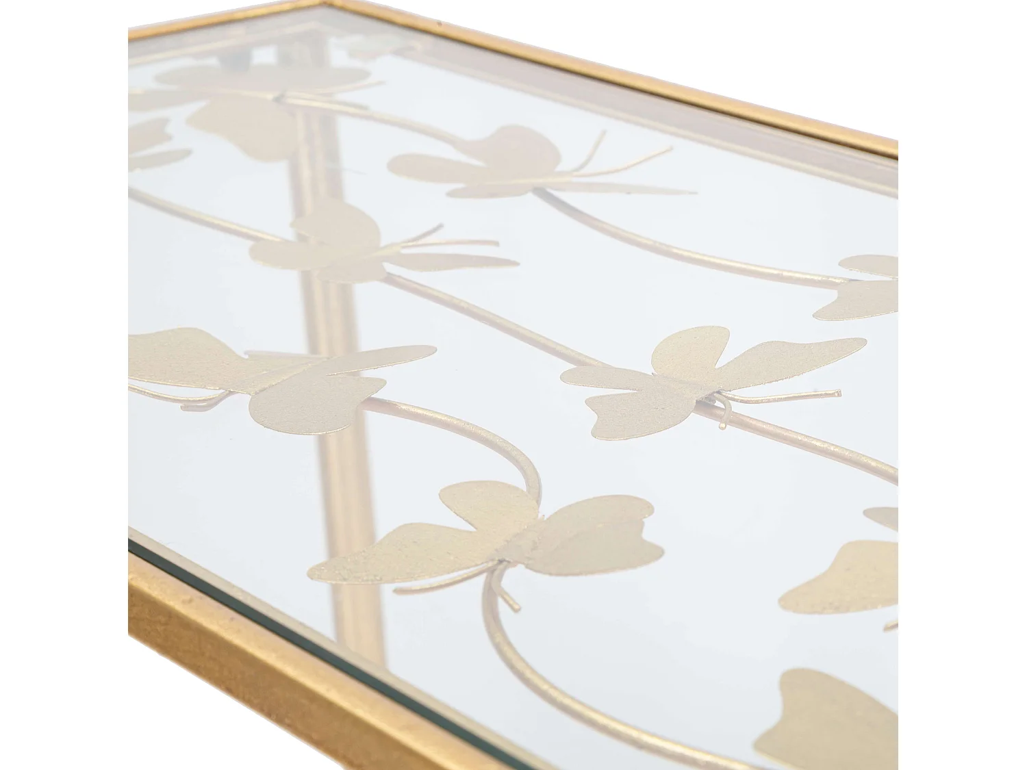 Console Meknes, un Plateau, 100x35x80h cm or, Plateau Décoré de Papillons, Structure en Verre