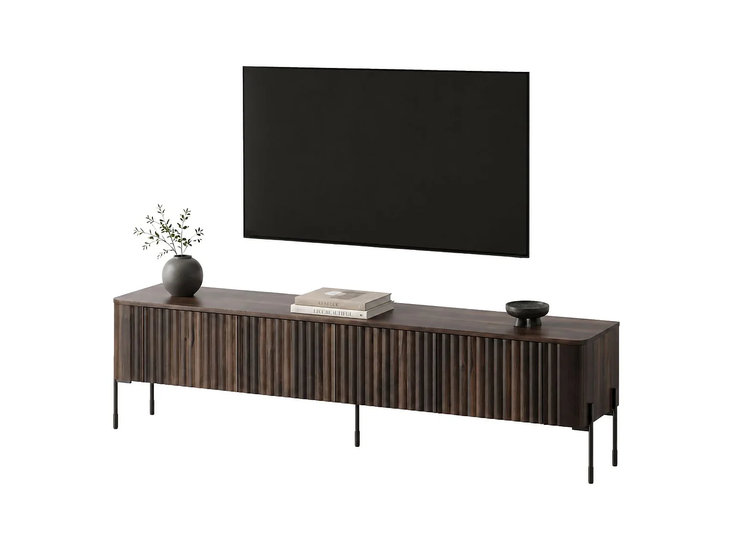 Meuble télé Brembana, une étagère, 190x40x50h cm Marron Noyer, 4 portes, effet strié