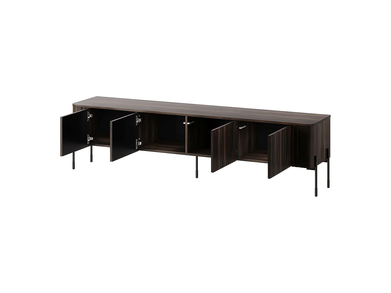 Meuble télé Brembana, une étagère, 190x40x50h cm Marron Noyer, 4 portes, effet strié