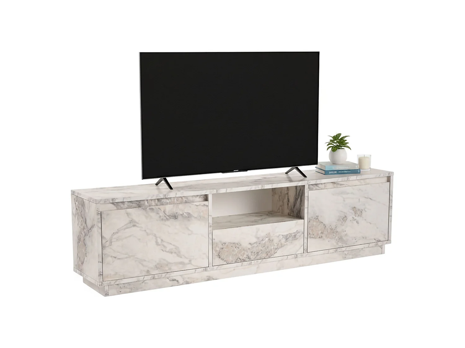 Meuble TV Morrigan, une étagère, 29.5x160x42h cm Blanc Marbre
