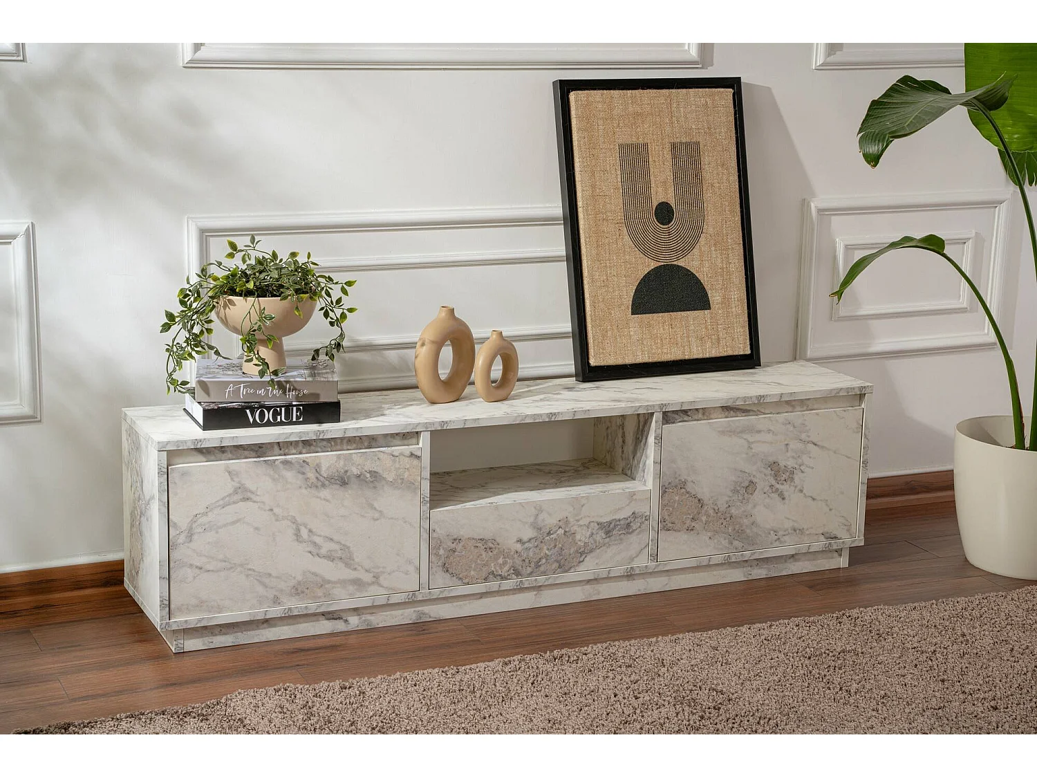 Meuble TV Morrigan, une étagère, 29.5x160x42h cm Blanc Marbre