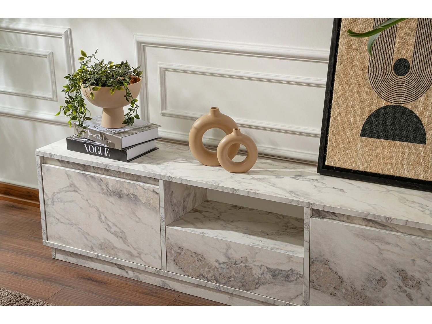 Meuble TV Morrigan, une étagère, 29.5x160x42h cm Blanc Marbre