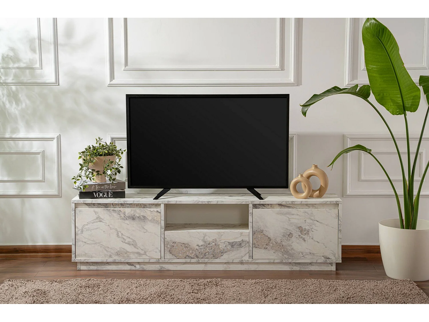 Meuble TV Morrigan, une étagère, 29.5x160x42h cm Blanc Marbre