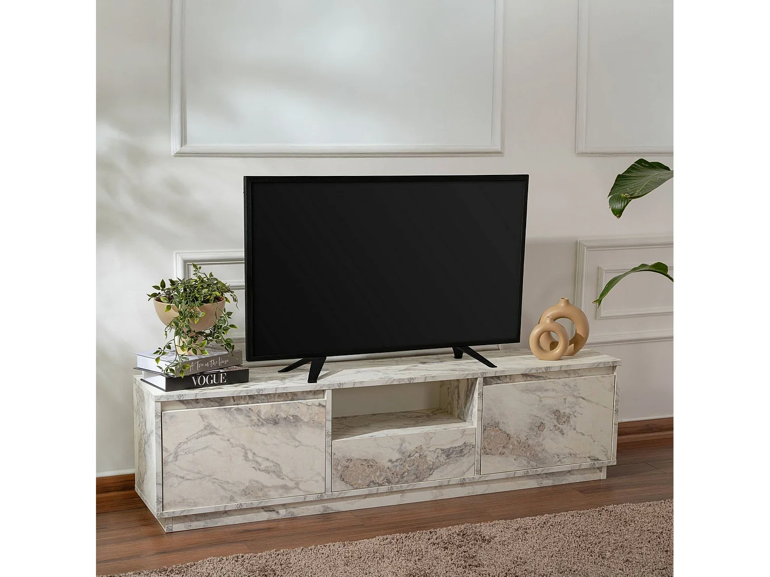 Meuble TV Morrigan, une étagère, 29.5x160x42h cm Blanc Marbre