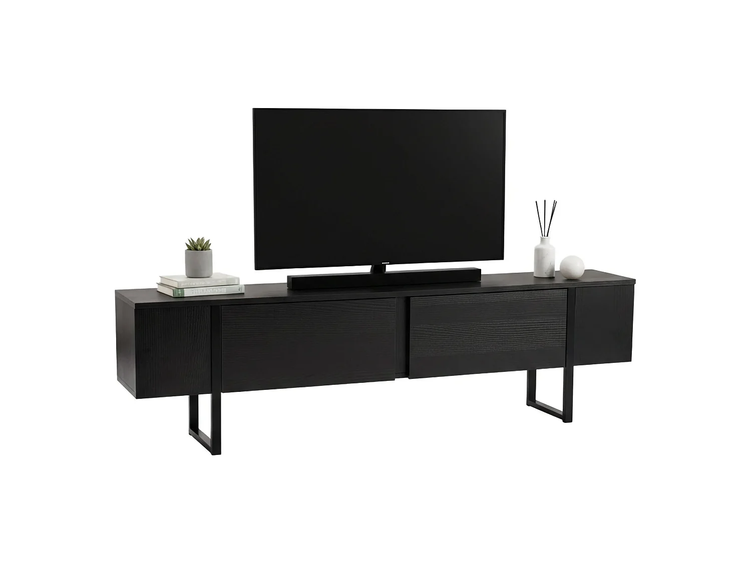 Tv-meubel Lilith, één plank, 180x30x50h cm zwart, 2 deuren, 2 vakken
