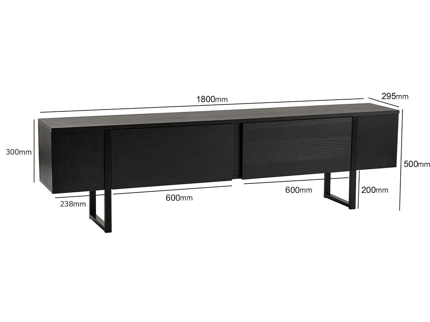 Tv-meubel Lilith, één plank, 180x30x50h cm zwart, 2 deuren, 2 vakken