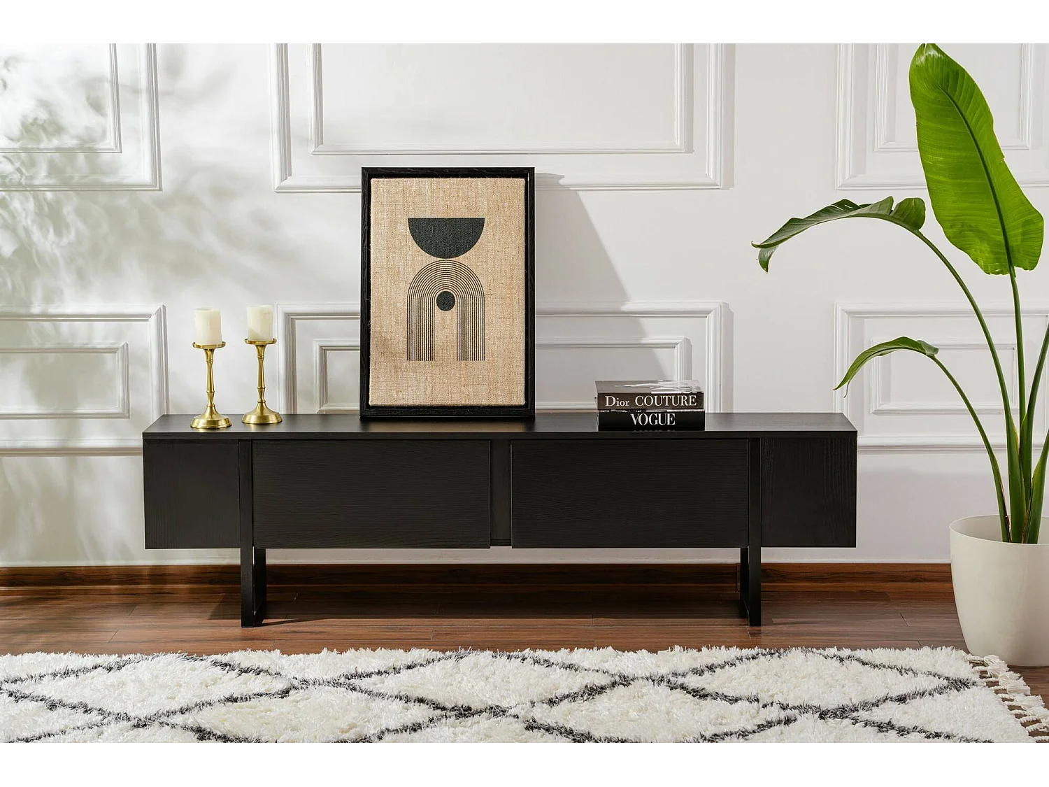 Tv-meubel Lilith, één plank, 180x30x50h cm zwart, 2 deuren, 2 vakken