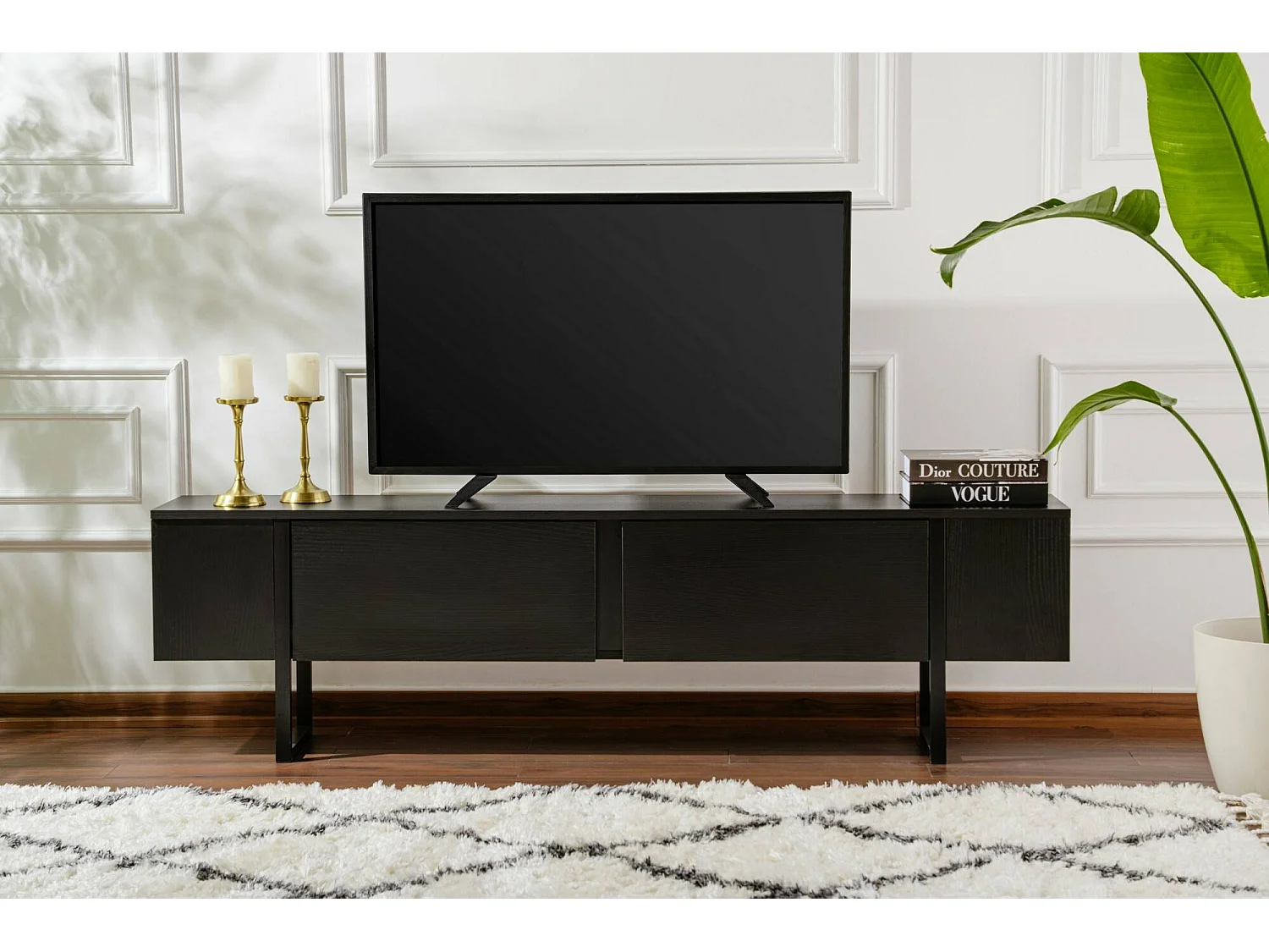 Tv-meubel Lilith, één plank, 180x30x50h cm zwart, 2 deuren, 2 vakken