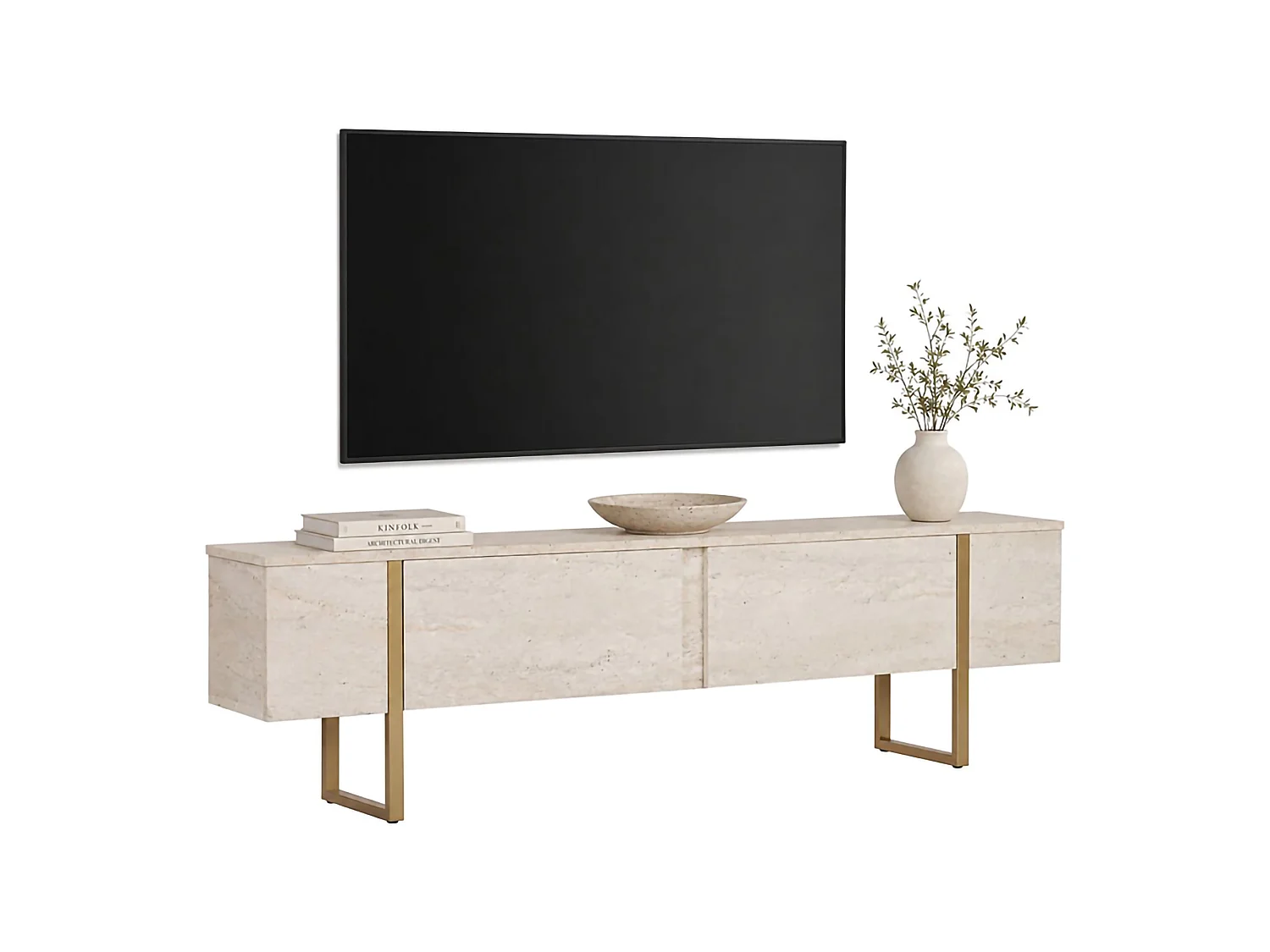 Meuble TV Abishia, 2 Portes, 180x30x50h cm Blanc Marbre, 2 Compartiments, Ouverture Abattante