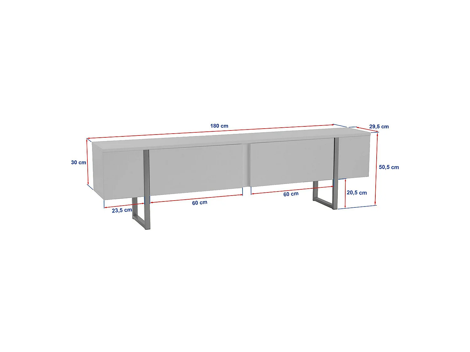 Meuble TV Abishia, 2 Portes, 180x30x50h cm Blanc Marbre, 2 Compartiments, Ouverture Abattante
