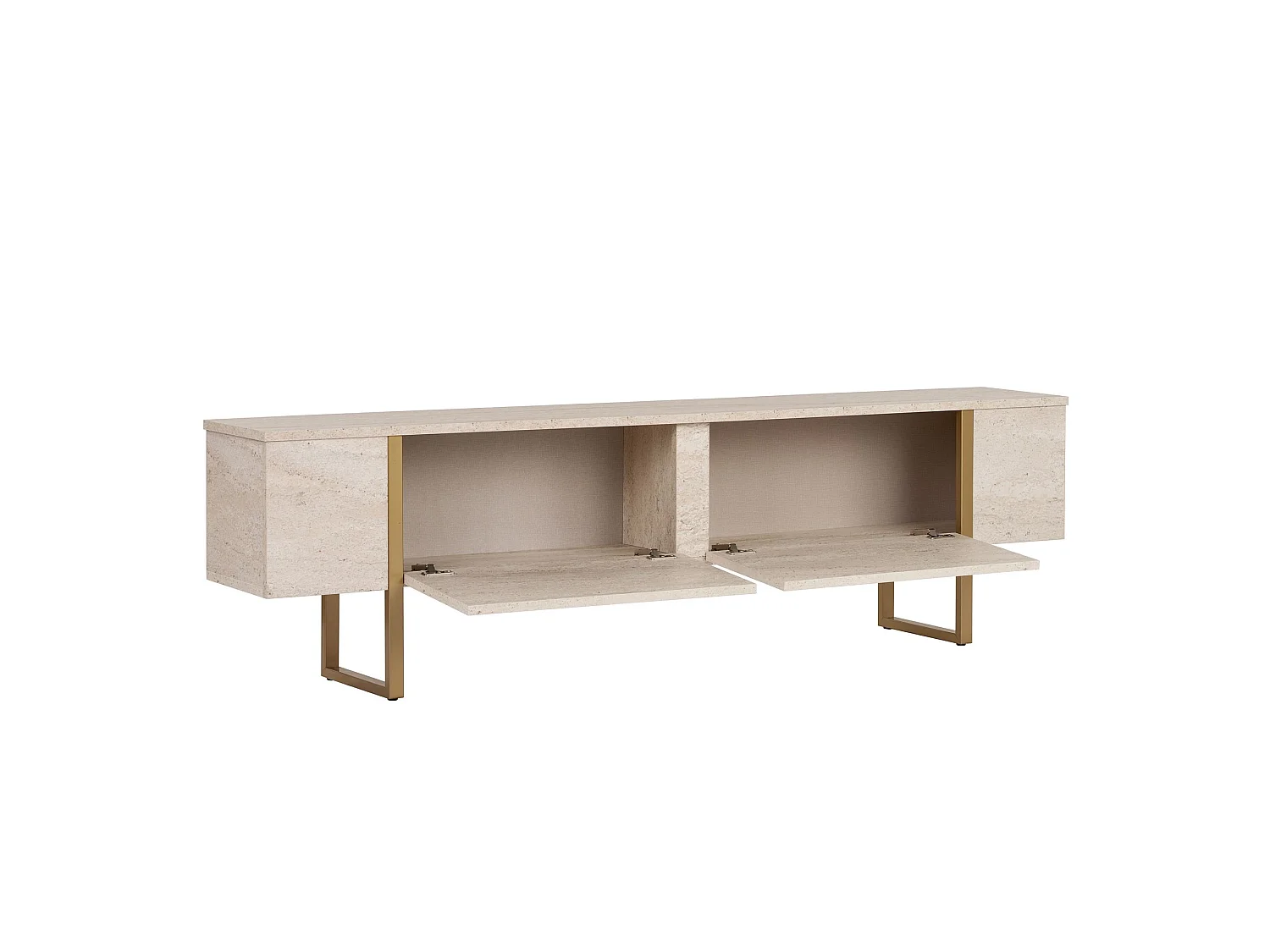 Meuble TV Abishia, 2 Portes, 180x30x50h cm Blanc Marbre, 2 Compartiments, Ouverture Abattante