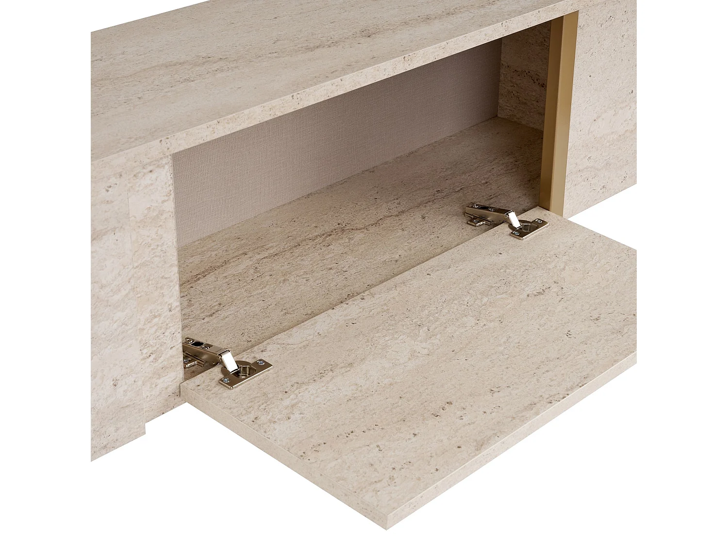 Meuble TV Abishia, 2 Portes, 180x30x50h cm Blanc Marbre, 2 Compartiments, Ouverture Abattante