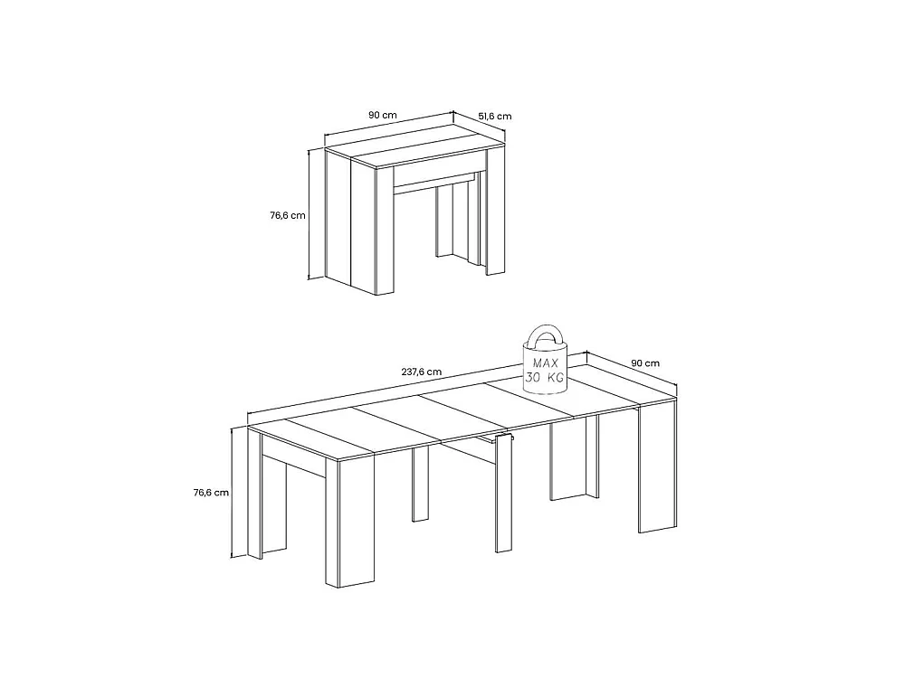 Uitschuifbare Vaelis-console, 10 plaatsen, 237x90x77h cm grijs, uitschuifmechanisme met centrale verlengbladen