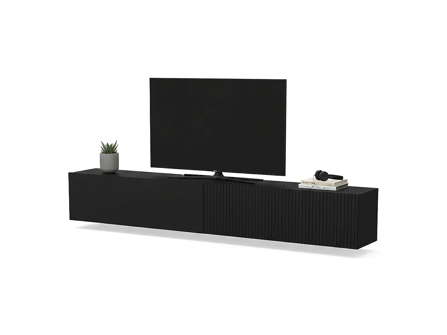 Móvel Porta TV Sindia, Modulável, 200x30x31h cm Preto Antracite, uma Prateleira, 2 Portas