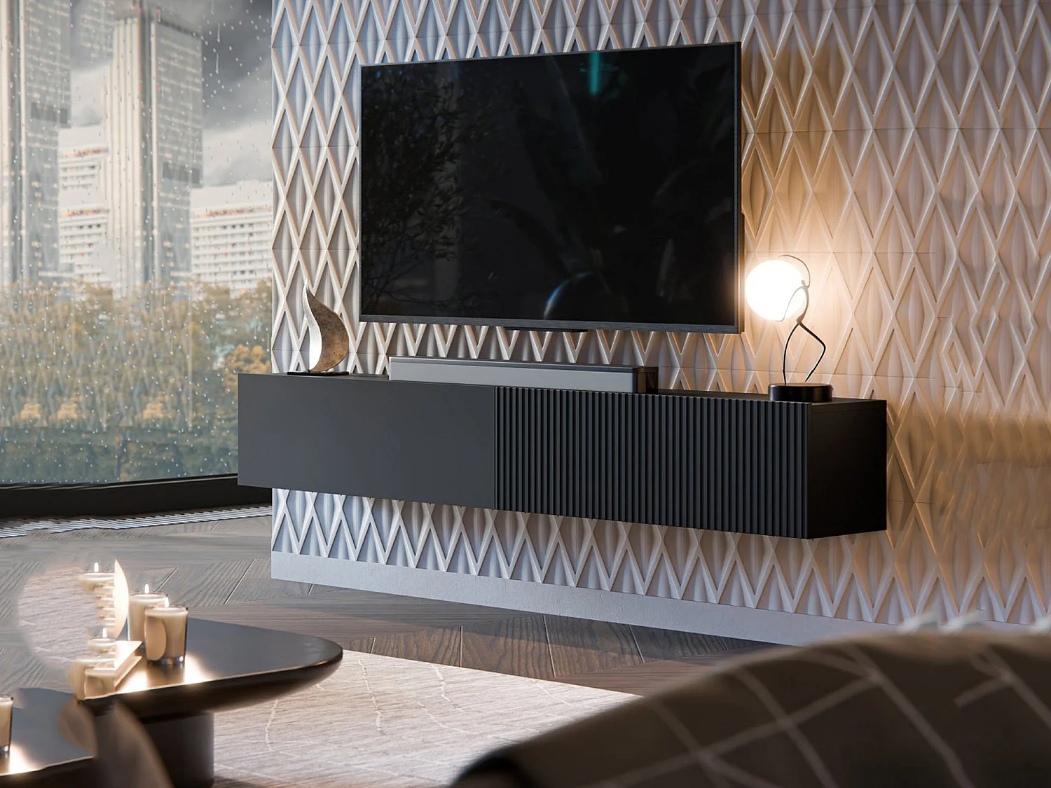 Móvel Porta TV Sindia, Modulável, 200x30x31h cm Preto Antracite, uma Prateleira, 2 Portas