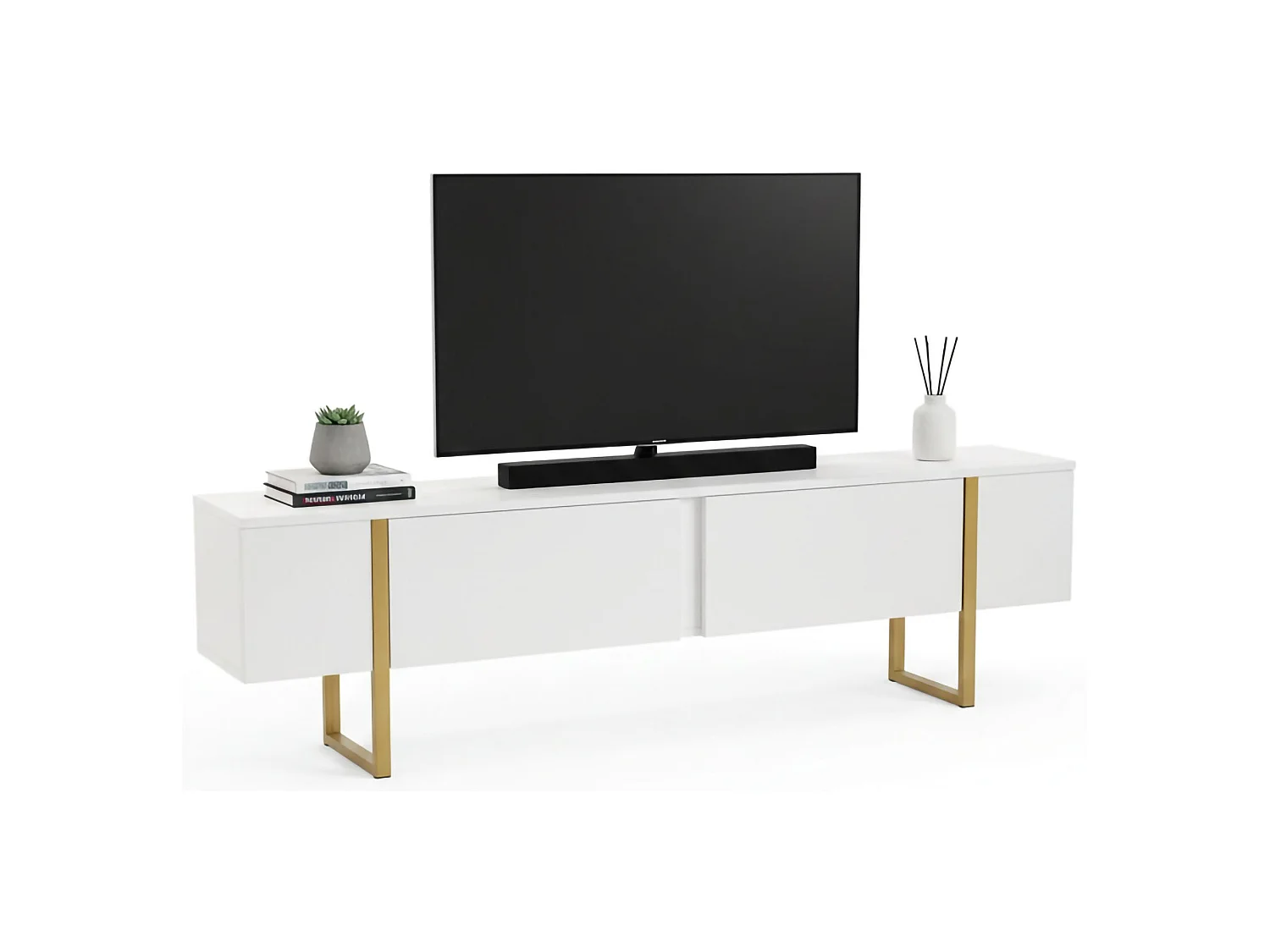 Tv-meubel Lilith, met één legplank, 180x30x50h cm, wit, klepopening, 2 deuren