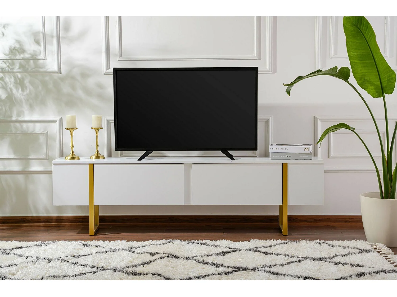 Tv-meubel Lilith, met één legplank, 180x30x50h cm, wit, klepopening, 2 deuren
