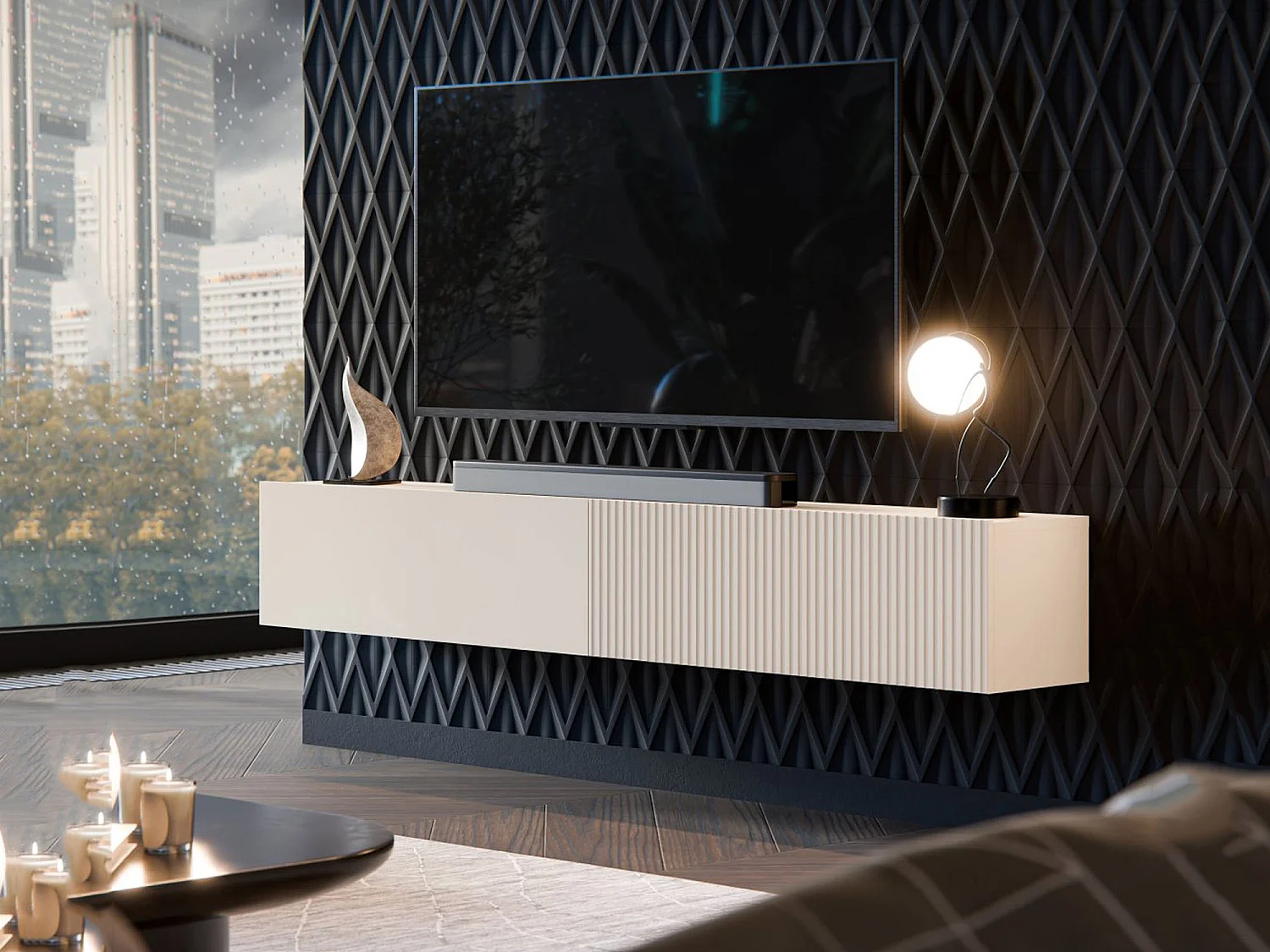 Tv-meubel Sindia, een Plank, 200x30x31h cm Beige, Moduleerbaar, 4 Vakken