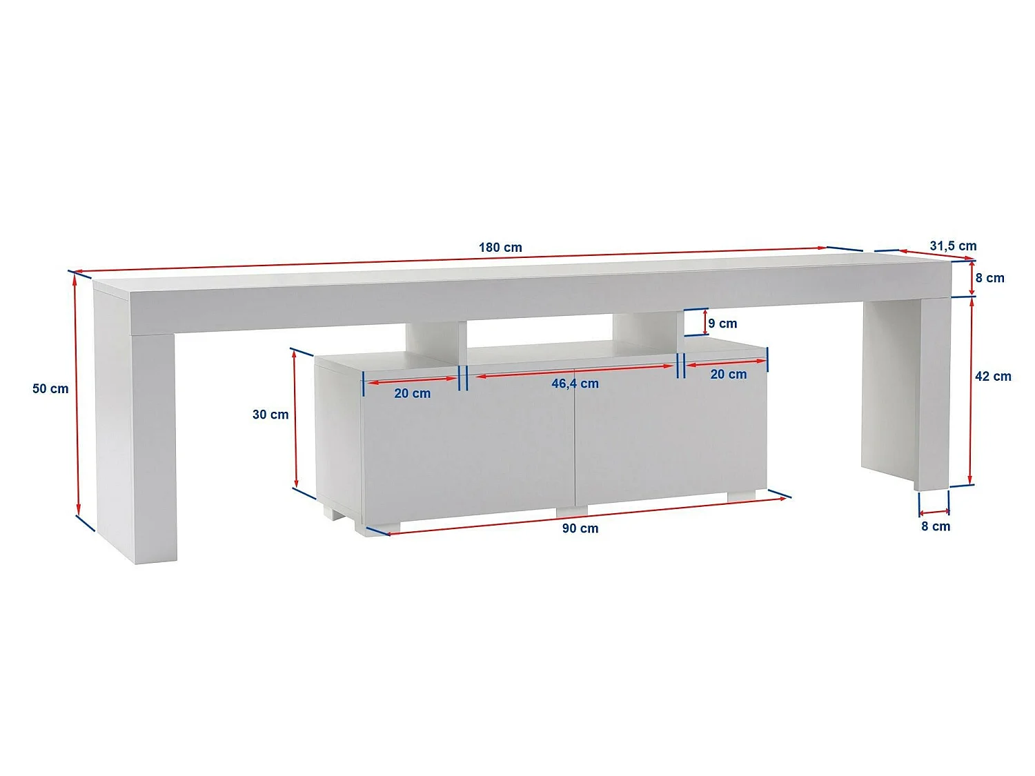 Mueble para TV Andarna, 2 estantes, 180x31x50h cm blanco, 2 puertas, 3 compartimentos