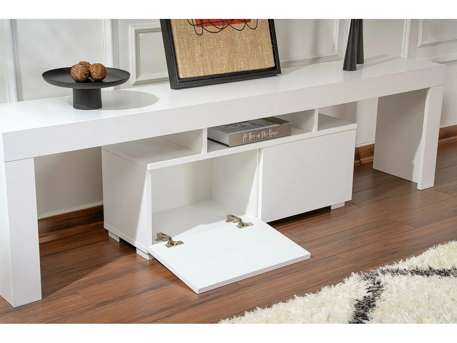 Mueble para TV Andarna, 2 estantes, 180x31x50h cm blanco, 2 puertas, 3 compartimentos