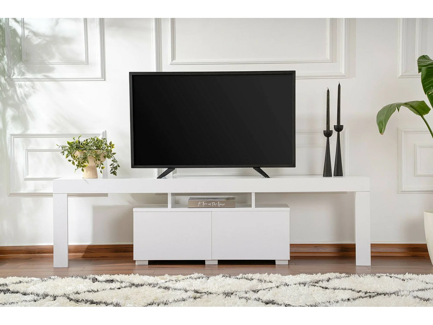 Mueble para TV Andarna, 2 estantes, 180x31x50h cm blanco, 2 puertas, 3 compartimentos
