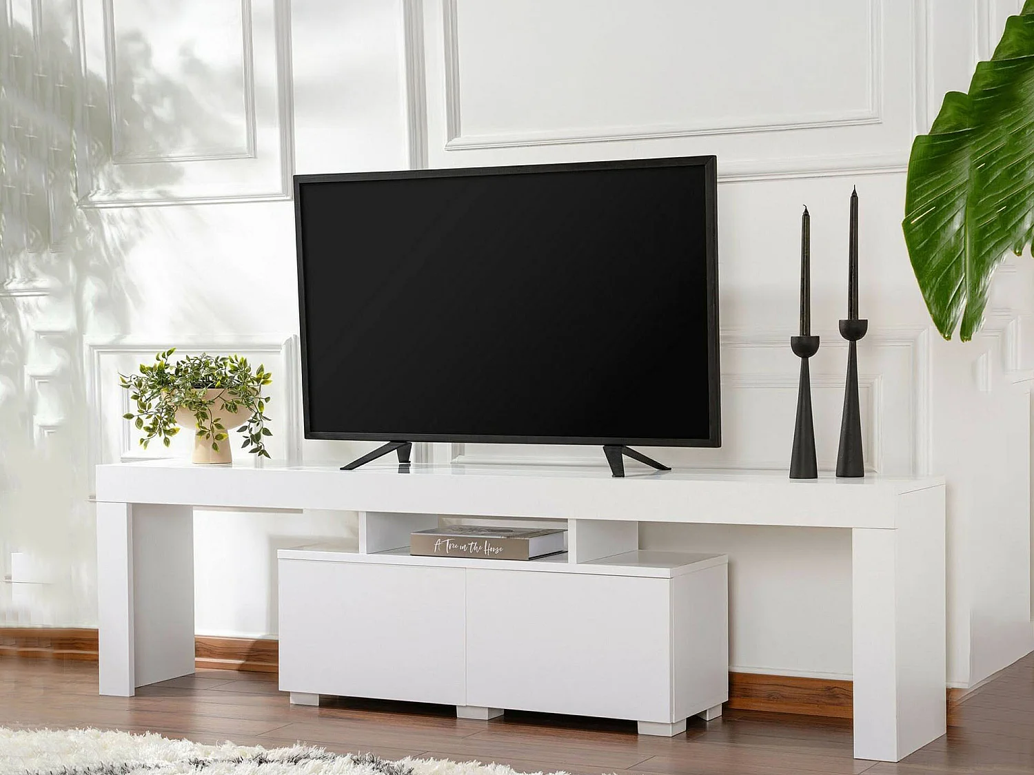 Mueble para TV Andarna, 2 estantes, 180x31x50h cm blanco, 2 puertas, 3 compartimentos