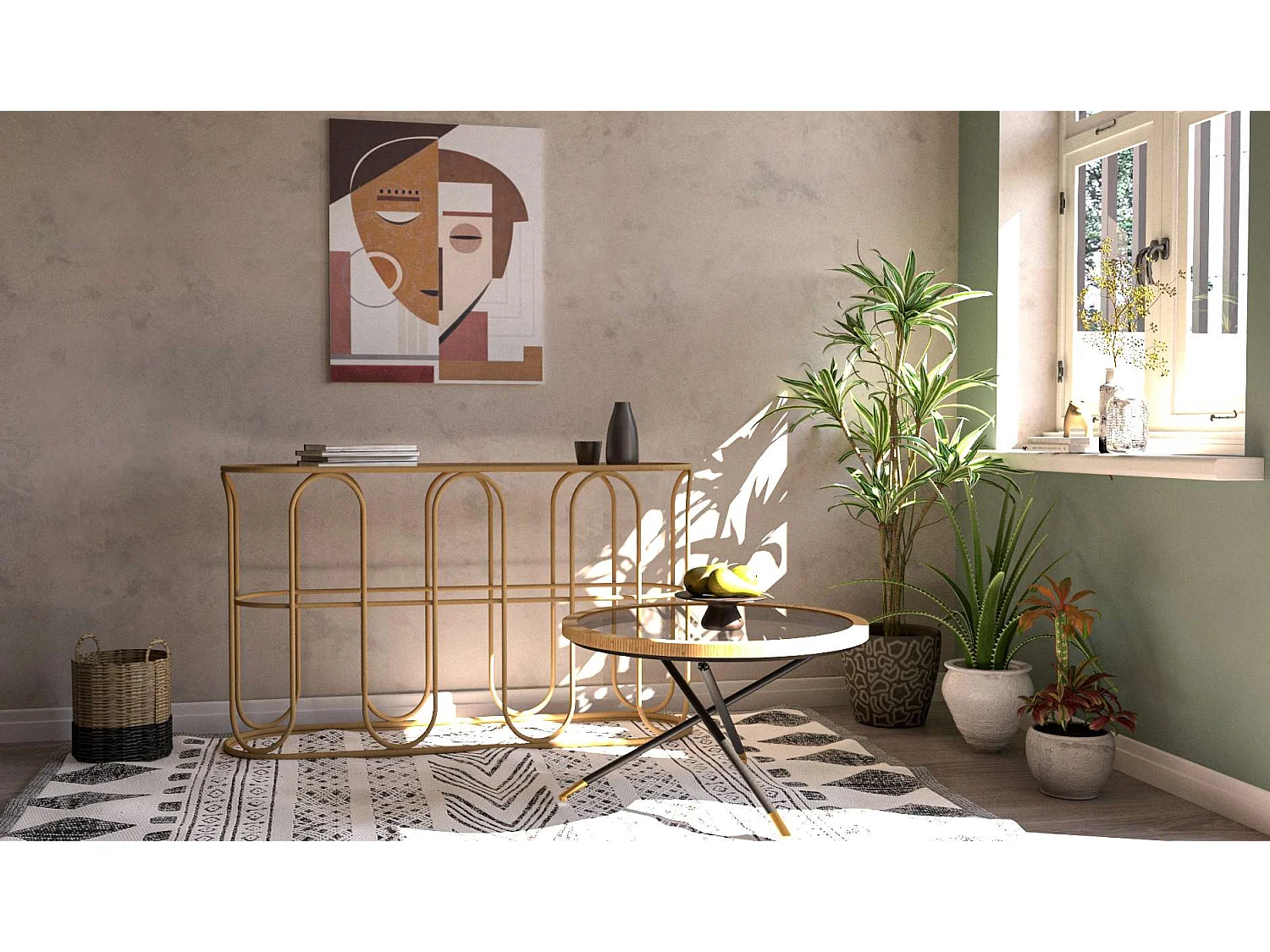 Consolle Tiznit, un Ripiano, 110x32x77h cm Marrone, Struttura Effetto Bamboo, Materiale Struttura in Legno