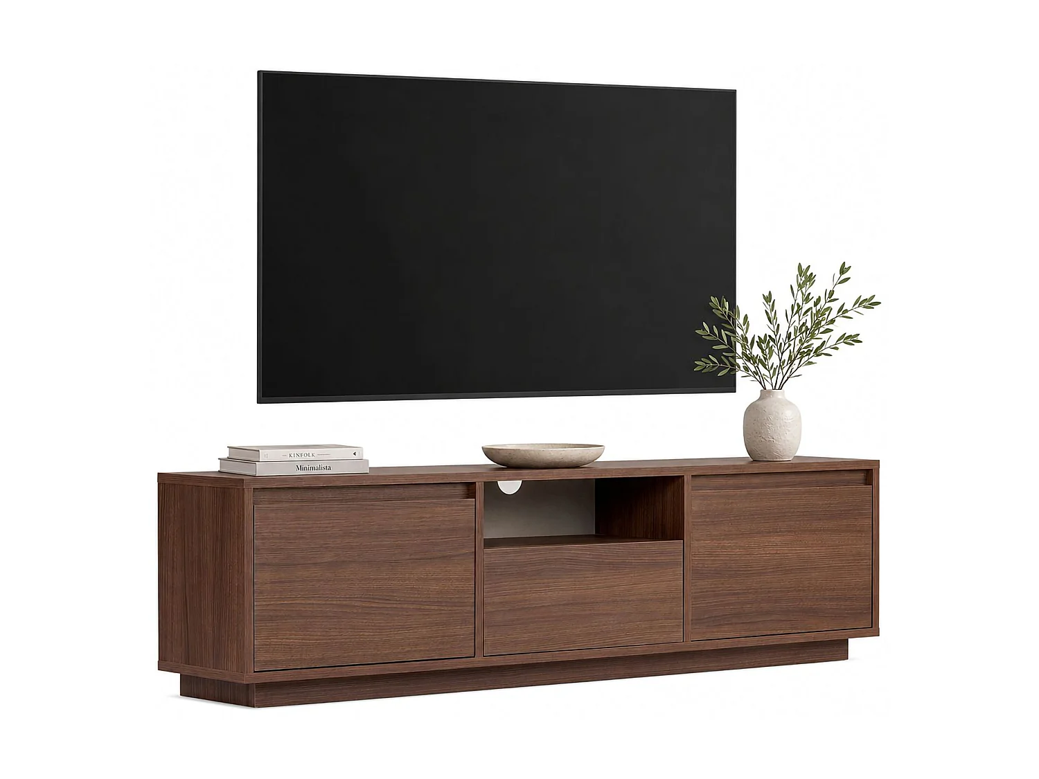 Meuble TV Morrigan, un Étagère, 160x30x42h cm Noyer Marron, 3 Portes, 4 Compartiments