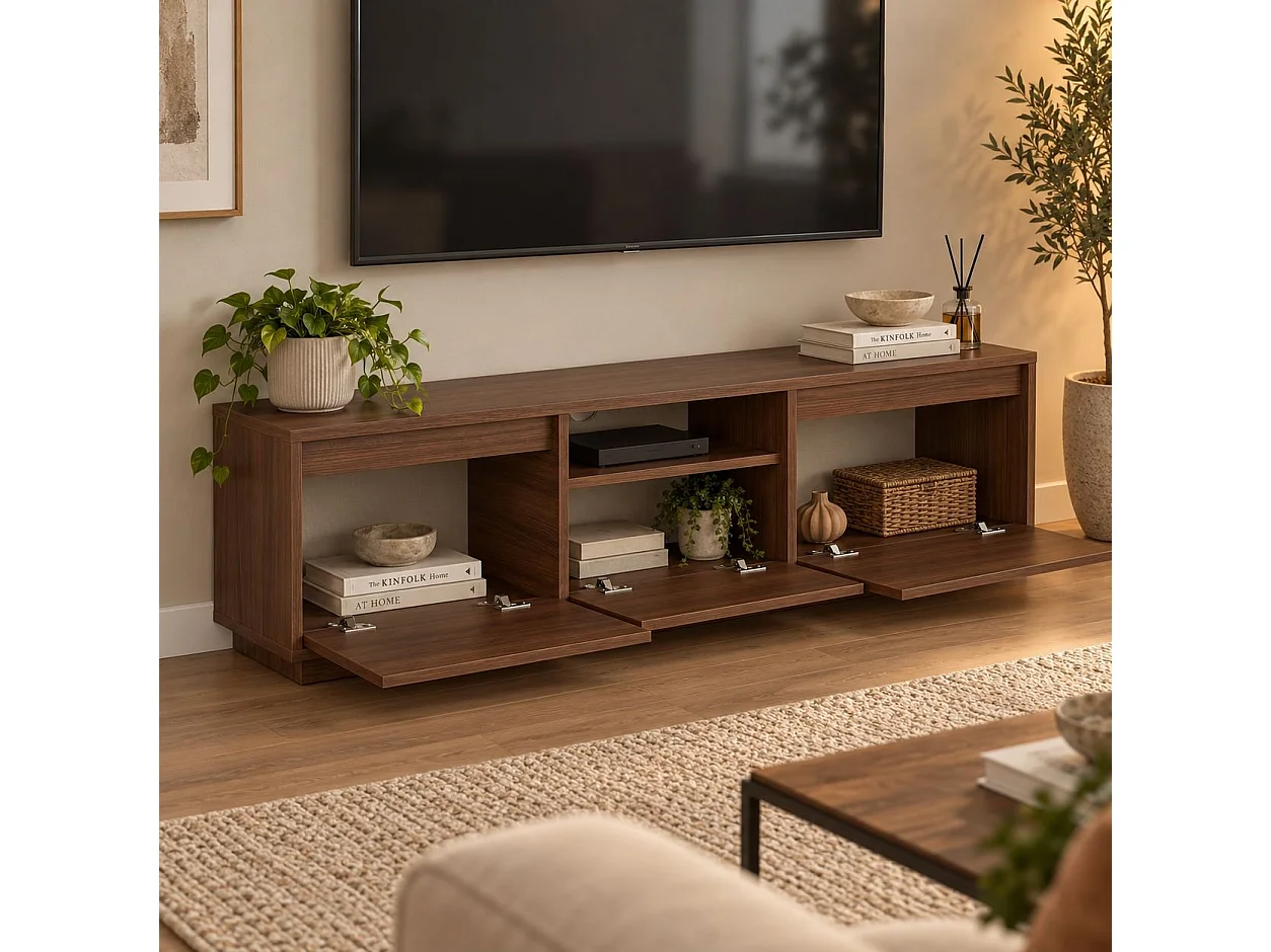 Meuble TV Morrigan, un Étagère, 160x30x42h cm Noyer Marron, 3 Portes, 4 Compartiments