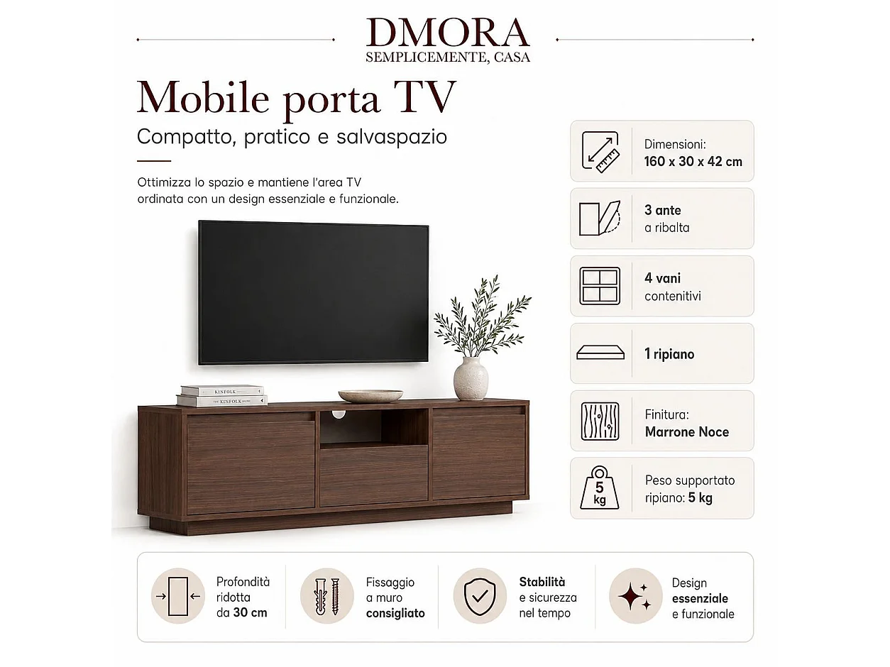 Meuble TV Morrigan, un Étagère, 160x30x42h cm Noyer Marron, 3 Portes, 4 Compartiments