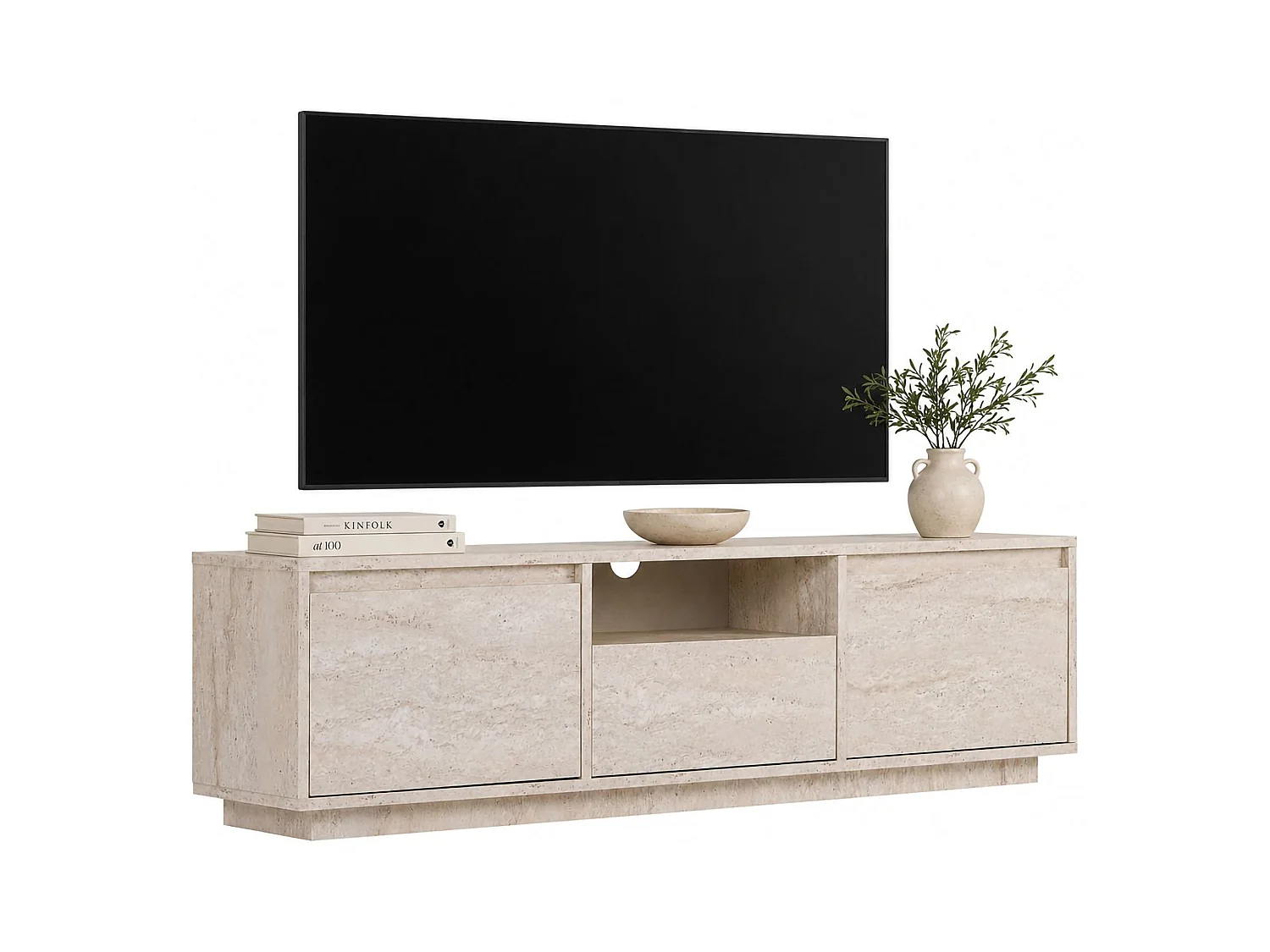 Meuble TV Morrigan, un Étagère, 160x30x42h cm Blanc Marbré, 3 Portes, 4 Compartiments