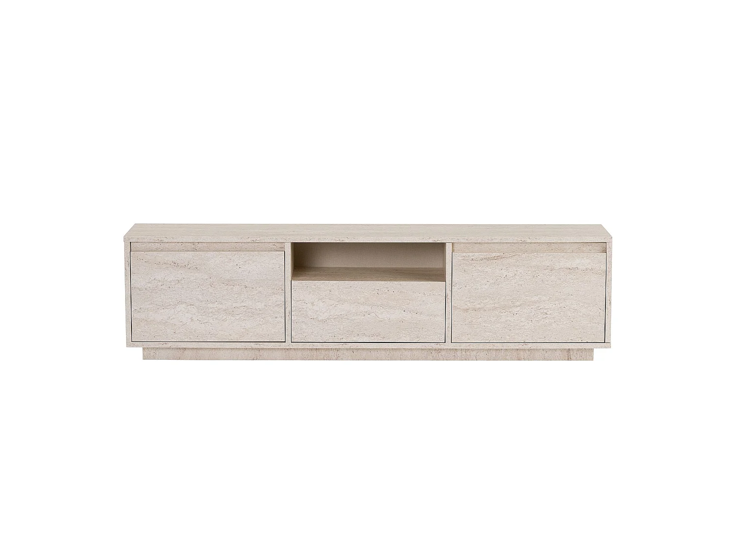 Meuble TV Morrigan, un Étagère, 160x30x42h cm Blanc Marbré, 3 Portes, 4 Compartiments