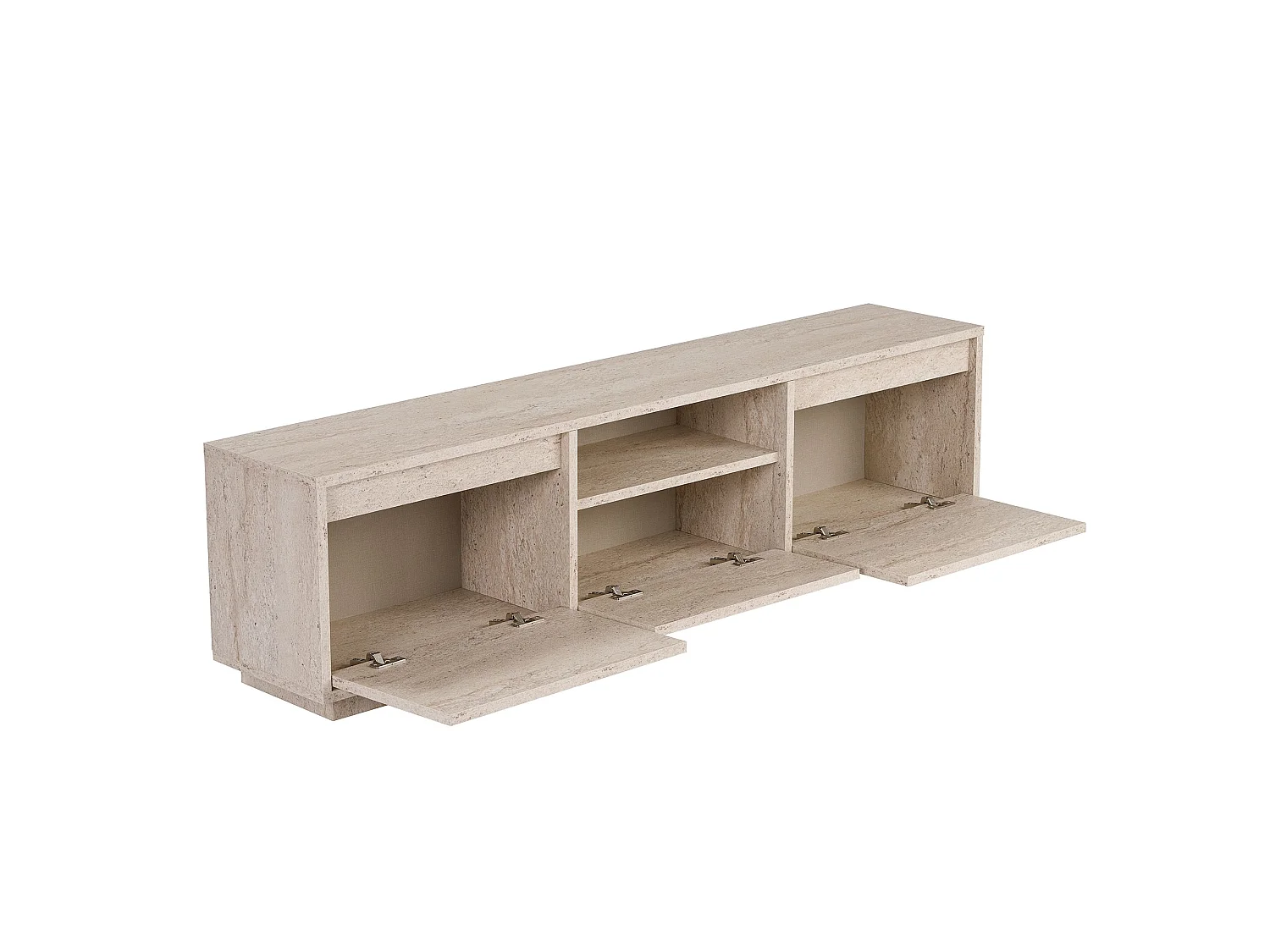 Meuble TV Morrigan, un Étagère, 160x30x42h cm Blanc Marbré, 3 Portes, 4 Compartiments