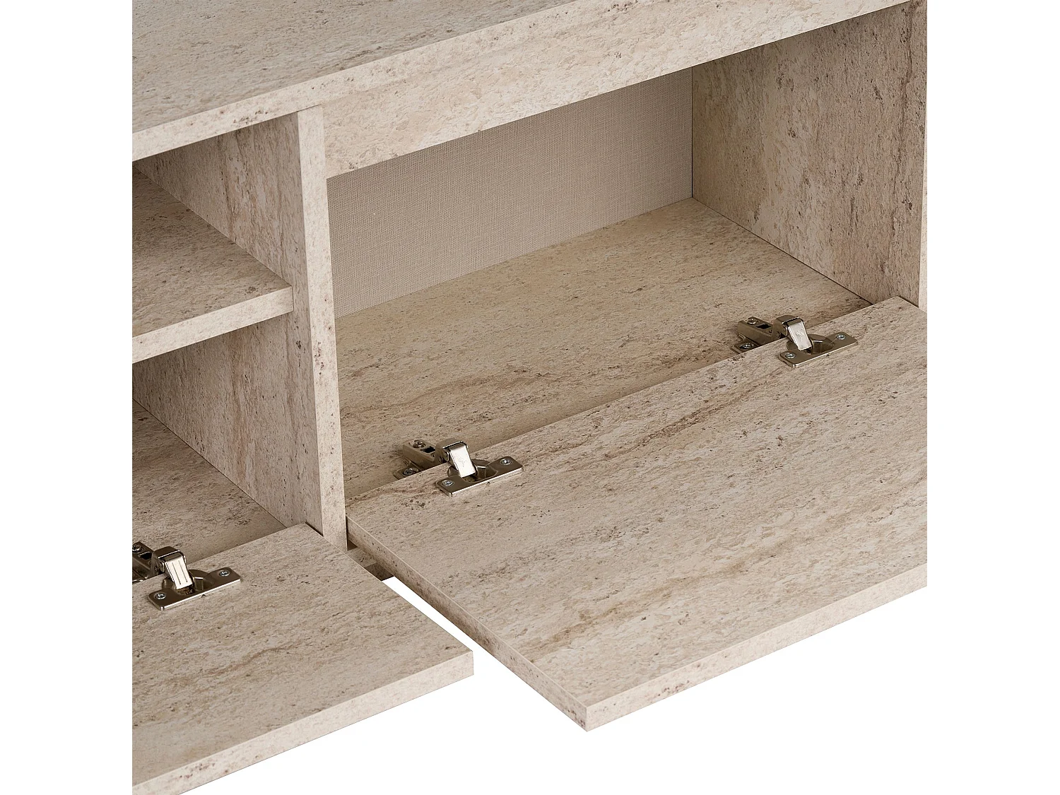Meuble TV Morrigan, un Étagère, 160x30x42h cm Blanc Marbré, 3 Portes, 4 Compartiments