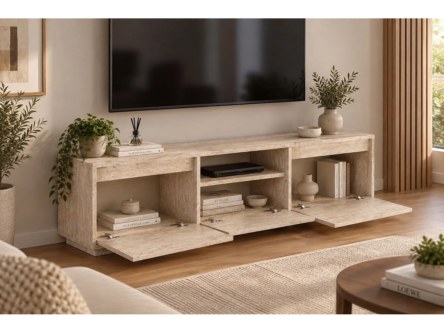Meuble TV Morrigan, un Étagère, 160x30x42h cm Blanc Marbré, 3 Portes, 4 Compartiments