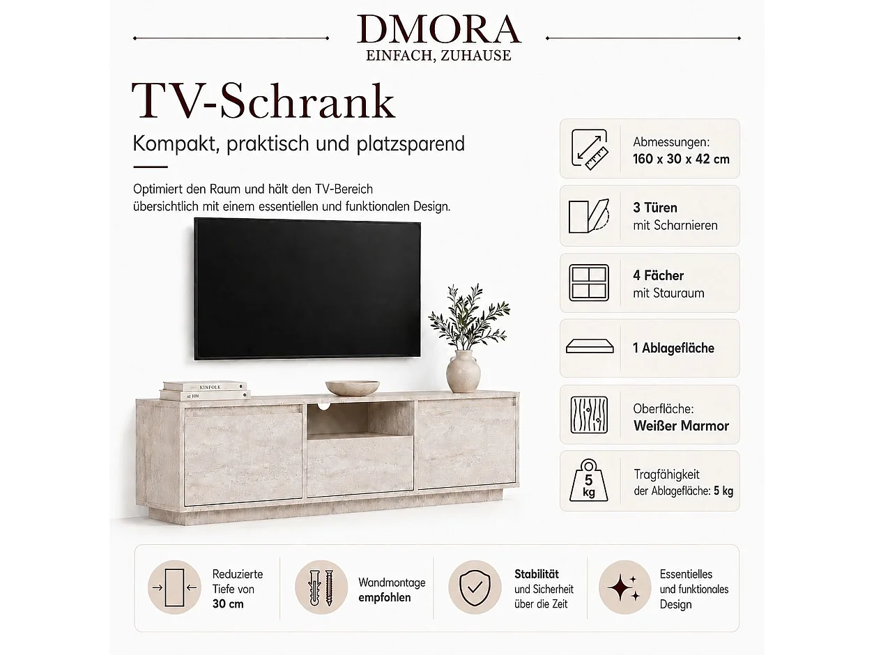 Meuble TV Morrigan, un Étagère, 160x30x42h cm Blanc Marbré, 3 Portes, 4 Compartiments