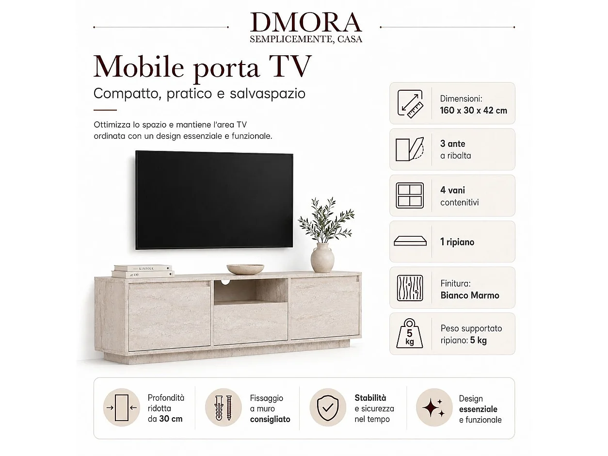 Meuble TV Morrigan, un Étagère, 160x30x42h cm Blanc Marbré, 3 Portes, 4 Compartiments