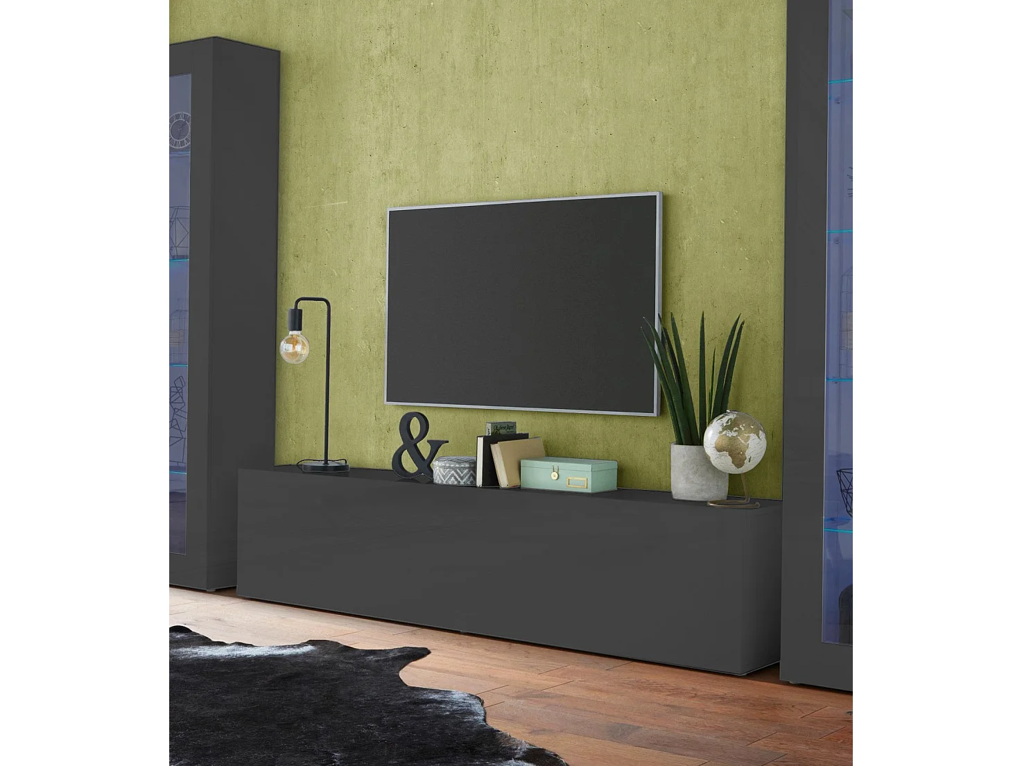 Móvel para TV Alakazam, 1 porta fabricada em Itália, 180x30x40h cm preto antracite, 2 nichos, abertura basculante