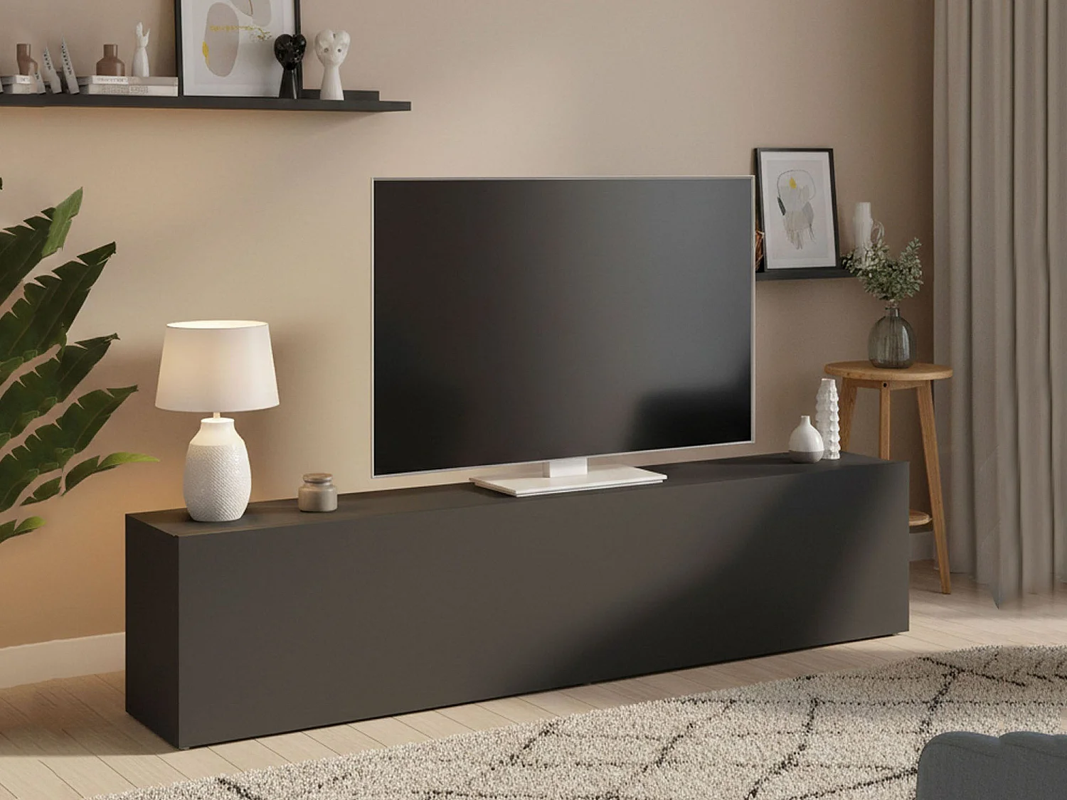 Móvel para TV Alakazam, 1 porta fabricada em Itália, 180x30x40h cm preto antracite, 2 nichos, abertura basculante