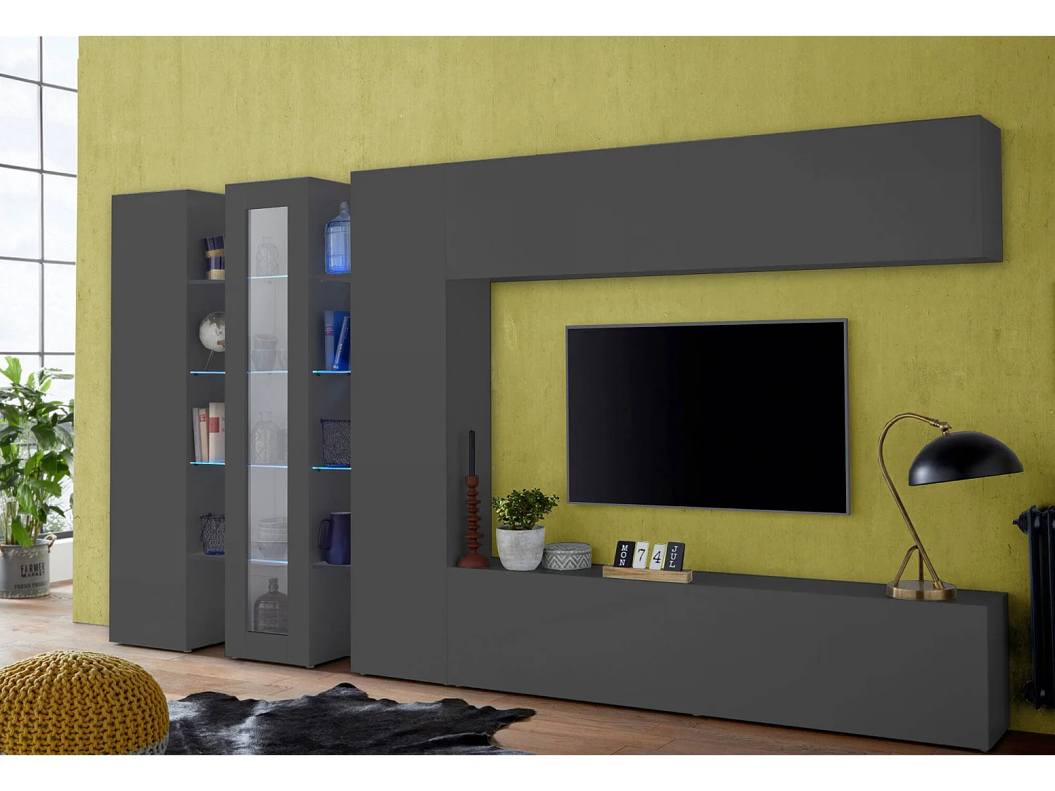 Móvel para TV Alakazam, 1 porta fabricada em Itália, 180x30x40h cm preto antracite, 2 nichos, abertura basculante