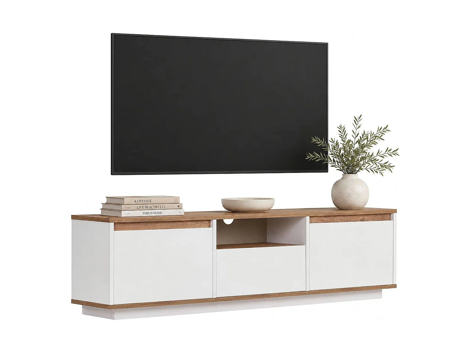 Meuble TV Morrigan, une Étagère, 160x30x42h cm Blanc, 4 Compartiments, 3 Portes