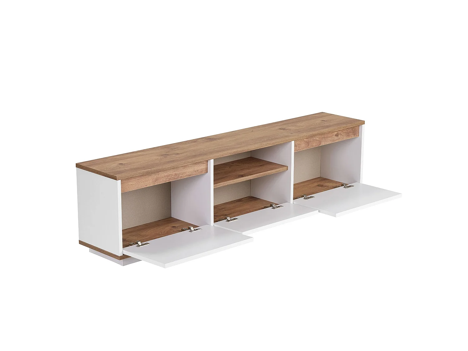 Meuble TV Morrigan, une Étagère, 160x30x42h cm Blanc, 4 Compartiments, 3 Portes