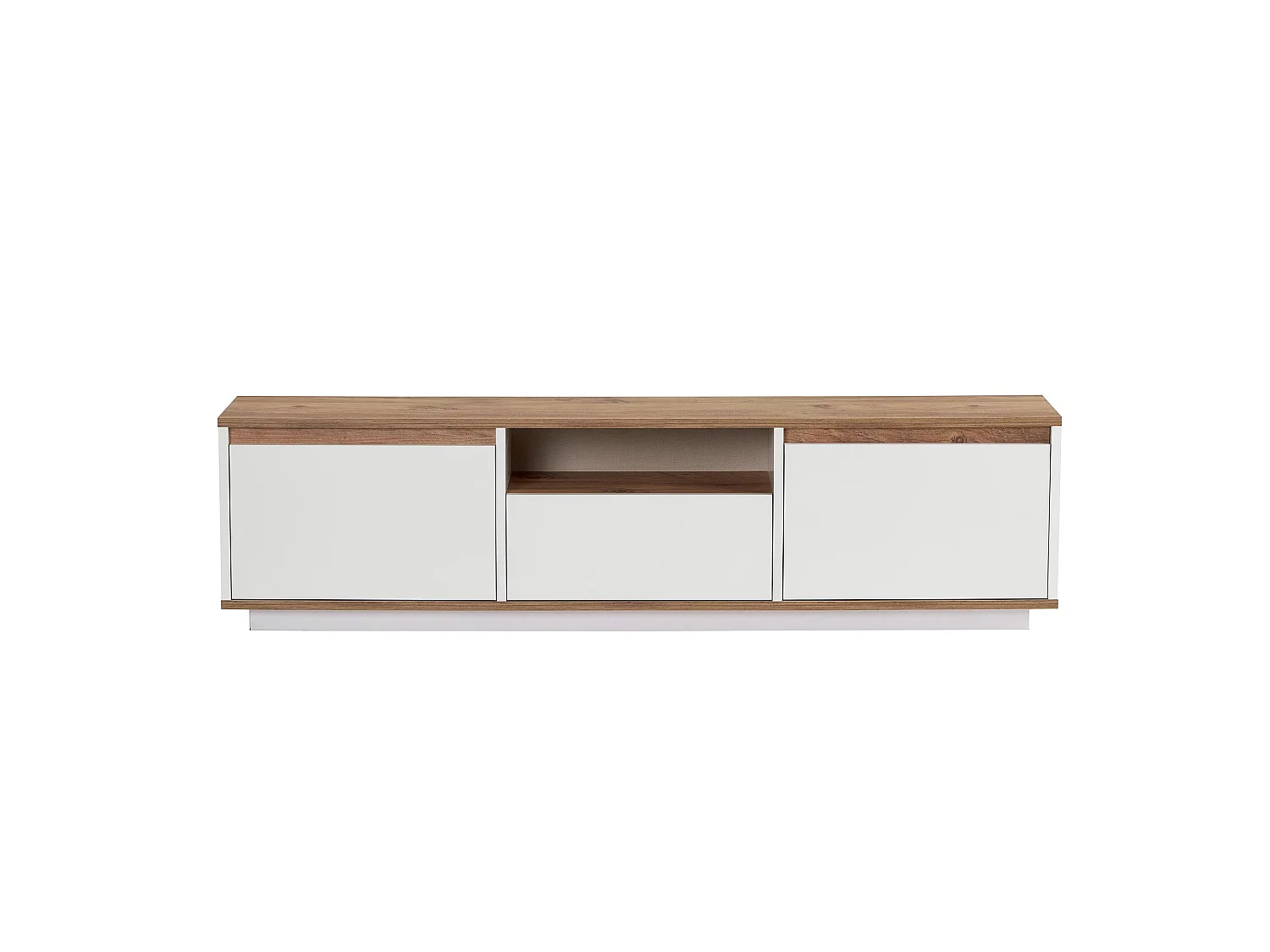Meuble TV Morrigan, une Étagère, 160x30x42h cm Blanc, 4 Compartiments, 3 Portes
