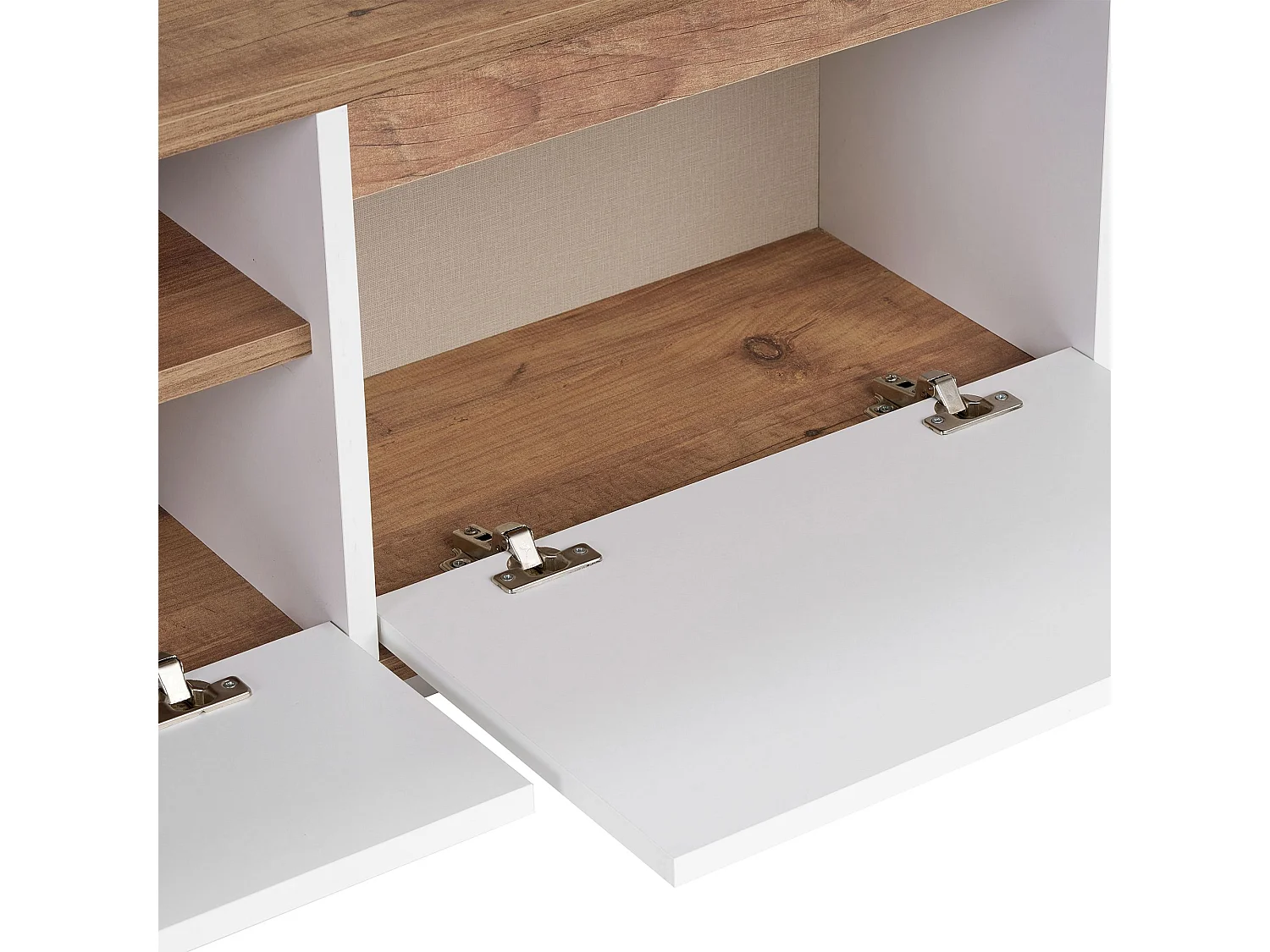 Meuble TV Morrigan, une Étagère, 160x30x42h cm Blanc, 4 Compartiments, 3 Portes