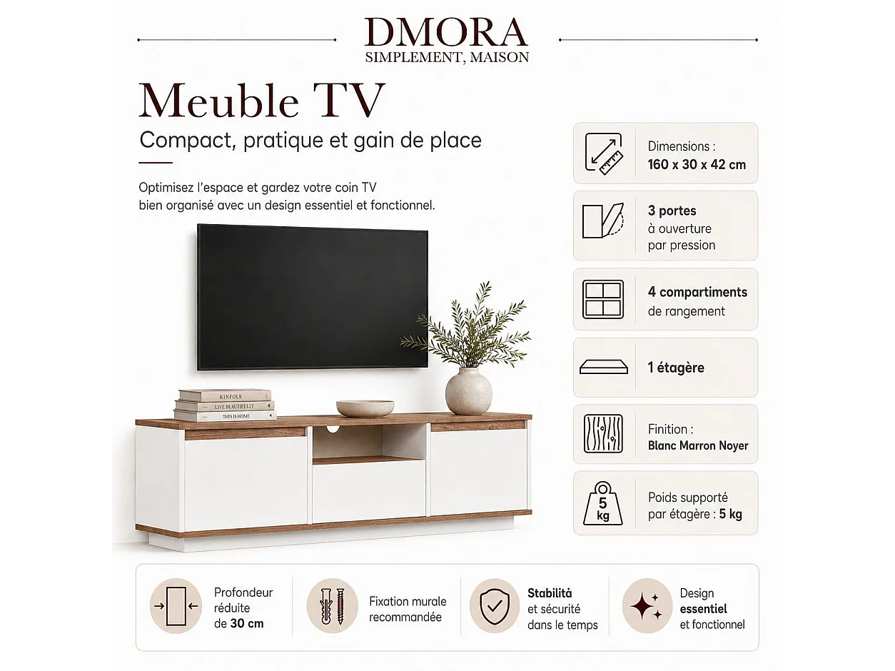 Meuble TV Morrigan, une Étagère, 160x30x42h cm Blanc, 4 Compartiments, 3 Portes