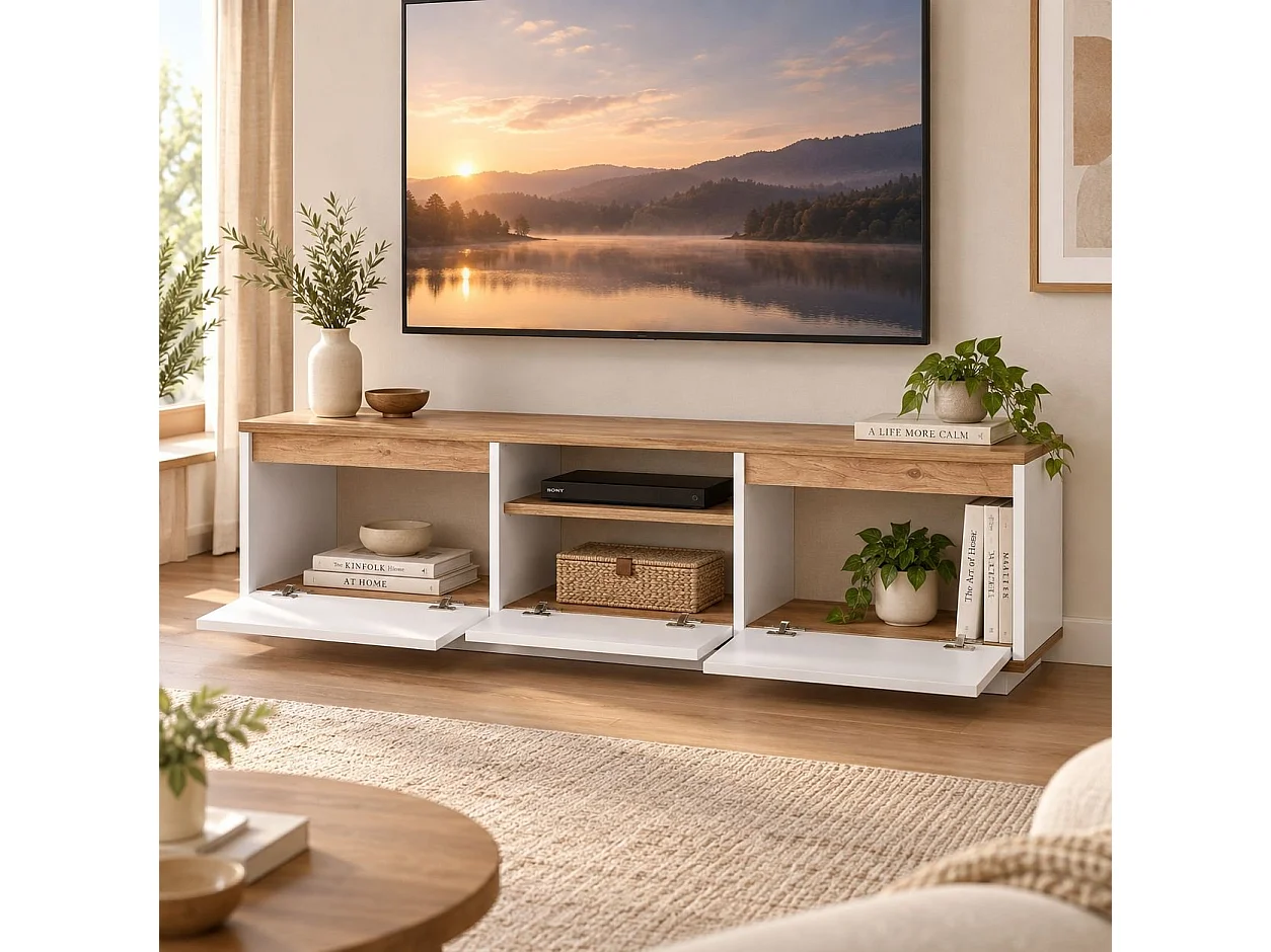 Meuble TV Morrigan, une Étagère, 160x30x42h cm Blanc, 4 Compartiments, 3 Portes